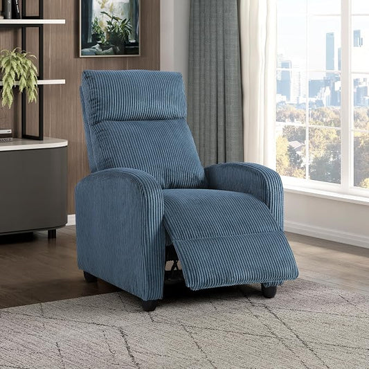 Lexicon Corduroy Pushback Recliner Chair Armchair Push Back Recliner, Solid Wood Frame and Metal Base, Easy Assembly Small Soft Single Sofa Accent Chair for Living Room/Office/Apartment, Midnight Blue
