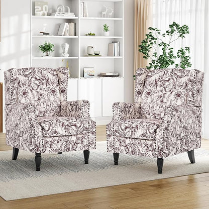 Pia Ricco High Back Floral Accent Chair - Retro Wingback Upholstered Armchair with Nailhead Trim, Solid Wood Legs, Fabric Living Room Bedroom Reading Chair (Rococo Plum)
