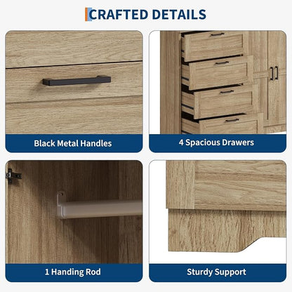 GarveeHome Multifunctional Wooden Dresser for Bedroom, 43.3 in H 2 Door Wardrobe Armoire Closet with 4 Drawers and Hanging Rod, Low Storage Cabinet for Hanging Cloth, Natural Oak
