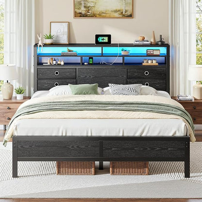 Homkdom Queen Bed Frame with 3-Tier Storage Headboard and 4 Fabric Drawers, LED Light & Charging Station, Noise-Free Metal Platform, No Box Spring Needed, Easy Assembly, Black