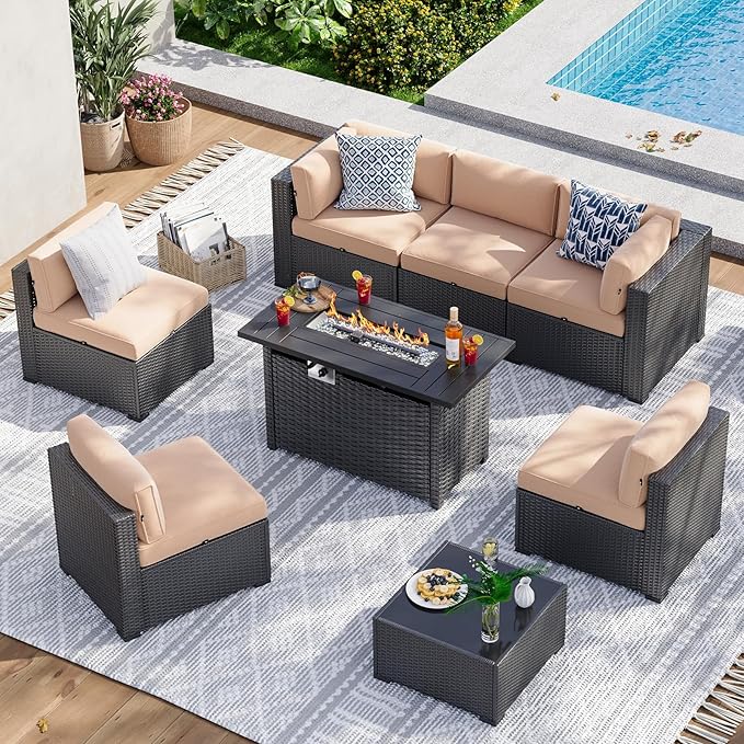 Aoxun 8 Piece Patio Furniture Set with 44” Fire Pit Table Wicker Patio Sectional Sofa Set Outdoor Seating Furniture with Thickened Cushion, Beige