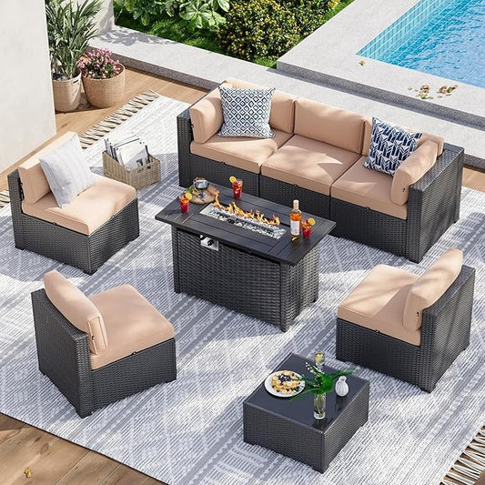 Aoxun 8 Piece Patio Furniture Set with 44” Fire Pit Table Wicker Patio Sectional Sofa Set Outdoor Seating Furniture with Thickened Cushion, Beige