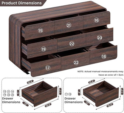 Standifurno 9 Drawer Double Dresser for Bedroom, Modern Curved Wood Chest Drawers of Handleless, Large Storage Dresser Bedroom, Living Room, Entryway, Walnut