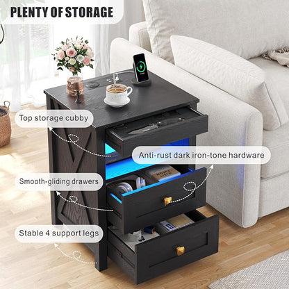 TAGELIER Night Stand Set 2 with Gun Drawer, Farmhouse Bedside Table with Charging Station, Gun Nightstand with LED Light & Human Sensor, Smart End Table for Bedroom, Black