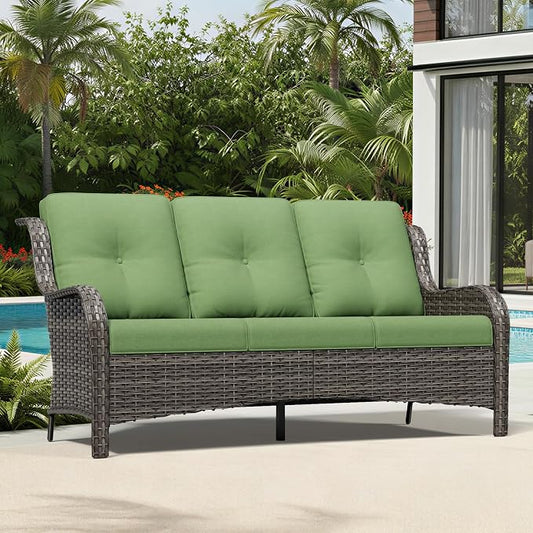 Joyside Outdoor Patio Couch, 3 Seater Outdoor Wicker Sofa with High Back, Deep Seating, Wide Armrest, Thickened Cushions, Patio Sofa for Deck, Porch Use