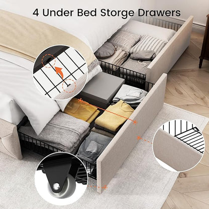 LARMACE Full Size Bed Frame with 4 Storage Drawers and Wingback Headboard Linen Upholstered Platform Bed Frame Tufted Beds with Wooden Slats Support, Easy Assembly, Beige