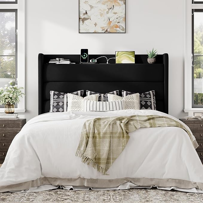 Allewie Queen Size Upholstered Bed Frame with Charging Station & Storage Headboard, Soft Velvet Wingback Platform Bed, Strong Wooden Slats Support, No Box Spring Needed, Easy Assembly, Black