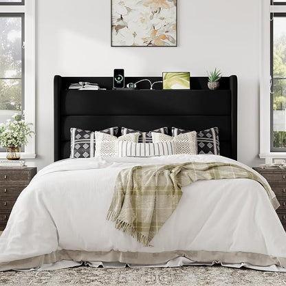 Allewie Queen Size Upholstered Bed Frame with Charging Station & Storage Headboard, Soft Velvet Wingback Platform Bed, Strong Wooden Slats Support, No Box Spring Needed, Easy Assembly, Black