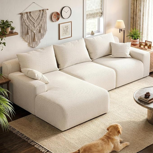 Homkdom 98" Boneless Modular Sectional Sofa, Cloud Couch with 27" Deep Seat & Oversized Chaise, L-Shaped High-Density Foam Sofa for Living Room, No Assembly Required (White-Check, Left Facing)