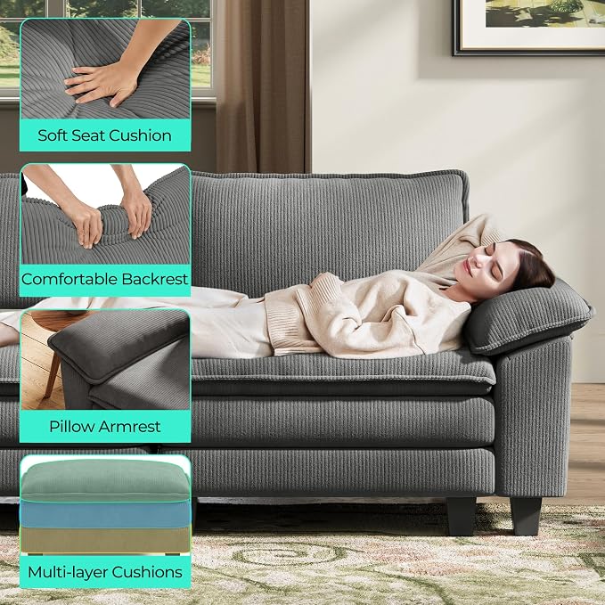 LINSY HOME 123'' Modular Sectional Sofa 3 Seat Couch Corduroy Cloud Couch with Deep Seat, Modern Cloud Couch with 3 Movable Ottoman for Living Room, Office, Bedroom, Grey
