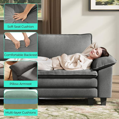 LINSY HOME 123'' Modular Sectional Sofa 3 Seat Couch Corduroy Cloud Couch with Deep Seat, Modern Cloud Couch with 2 Movable Ottoman for Living Room, Office, Bedroom, Grey