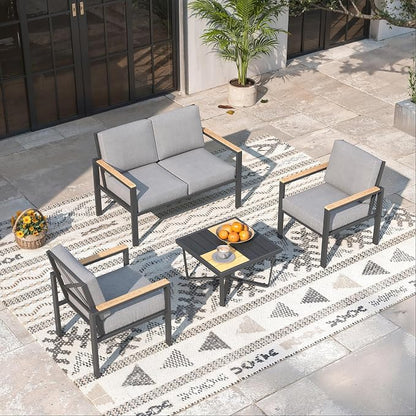 4-Piece Patio Furniture Set with Coffee Table & Removable Washable Cushions, All-Weather Metal Frame and Wood-Like Armrests for Porch, Garden, Balcony,Grey