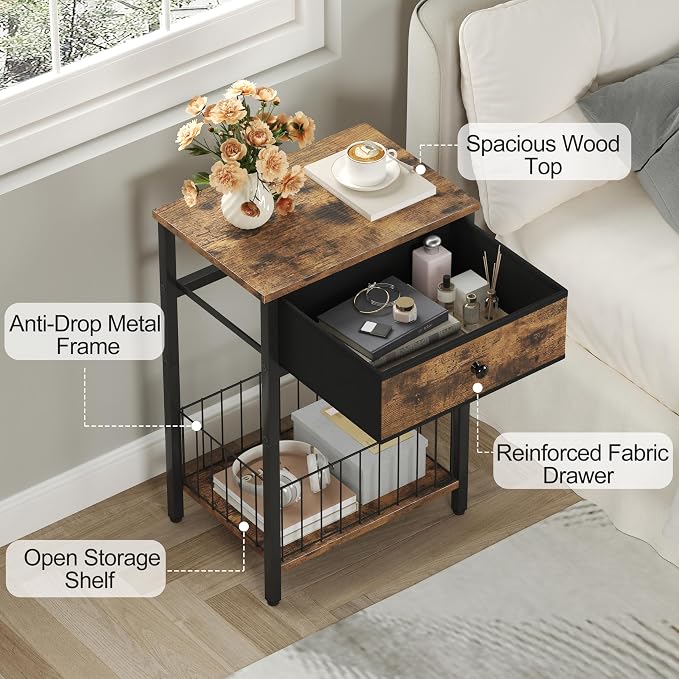 Night Stand Set 2, Night Stand with Drawers, Industrial nightstand, Nightstand with Fabric Bins, Bedside Table End Table for Bedroom, Closet, Entryway, College Dorm, Rustic Brown LNT0061BR2