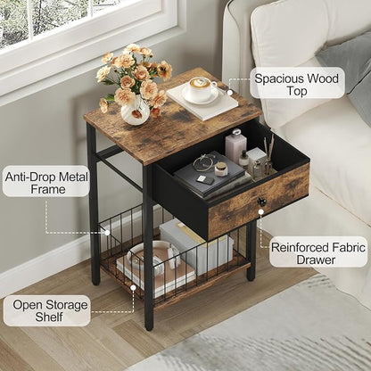 Night Stand Set 2, Night Stand with Drawers, Industrial nightstand, Nightstand with Fabric Bins, Bedside Table End Table for Bedroom, Closet, Entryway, College Dorm, Rustic Brown LNT0061BR2