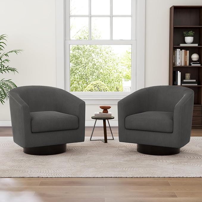 Swivel Accent Chairs Set of 2, Corduroy Barrel Club Chair Upholstered Armchair for Living Room, Round Arm Chair Bedroom Single Sofa Reading Seat - Gray