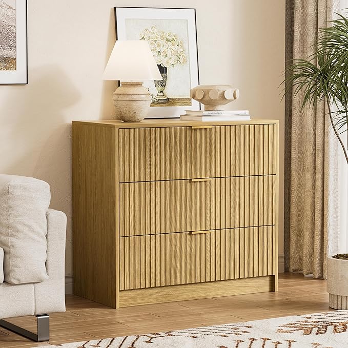 Furniway 3 Piece Bedroom Set, 9 Drawer Dresser and 3-Drawer Nightstand Set of 2 with Gold Handles, Mid-Century Modern Wood Chest of Drawers Storage Cabinet for Bedroom, Natural Oak