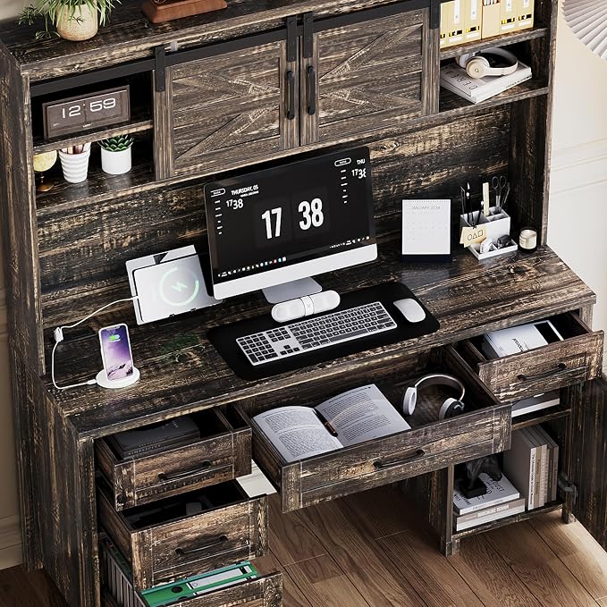 LUMISOL Farmhouse Executive Desk with Hutch and Charging Station, Computer Desk with 2 Sliding Barn Doors, 5 Drawers and Storage Cabinet with 3-Position Adjustable Shelf, Rustic Grey