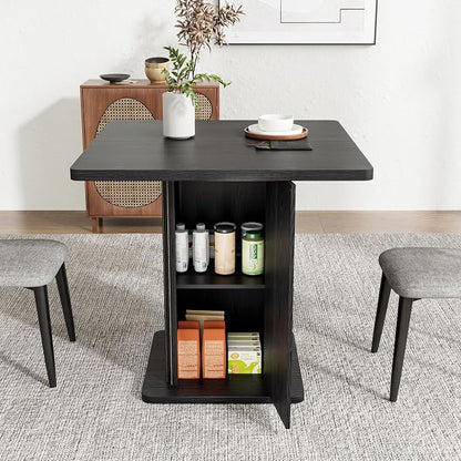 Small Black Dining Table for 2-4, 31.5 Inch Farmhouse Square Kitchen Table with 2-Tier Storage Shelf, Modern Wood Dinner Furniture with Fluted Doors, Dining Room, Living Room, Space Saving