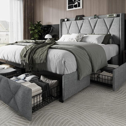 Einhomn Queen Bed Frame with 4 Storage Drawers and Charging Station, Upholstered Platform Bed Frame with Storage Headboard, No Box Spring Needed, Easy Assembly, Light Grey