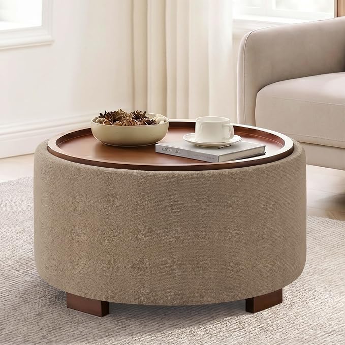 29.1 Inch Round Ottoman Coffee Table, Ottoman with Storage, Boucle Camel | Storage Ottoman with Removable Lid Top, Solid Wood Legs, Round Ottoman for Living Room, Bedroom, Apartments