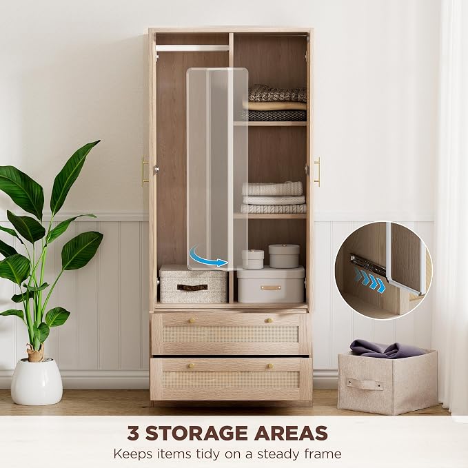 72" Tall Wardrobe Armoire Closet with Mirror, Rattan Armoire Storage Cabinet with 2 Doors and Hanging Rod, Wooden Wardrobe Closet Storage with 2 Larger Drawers and Shelves for Bedroom, Cloak Room