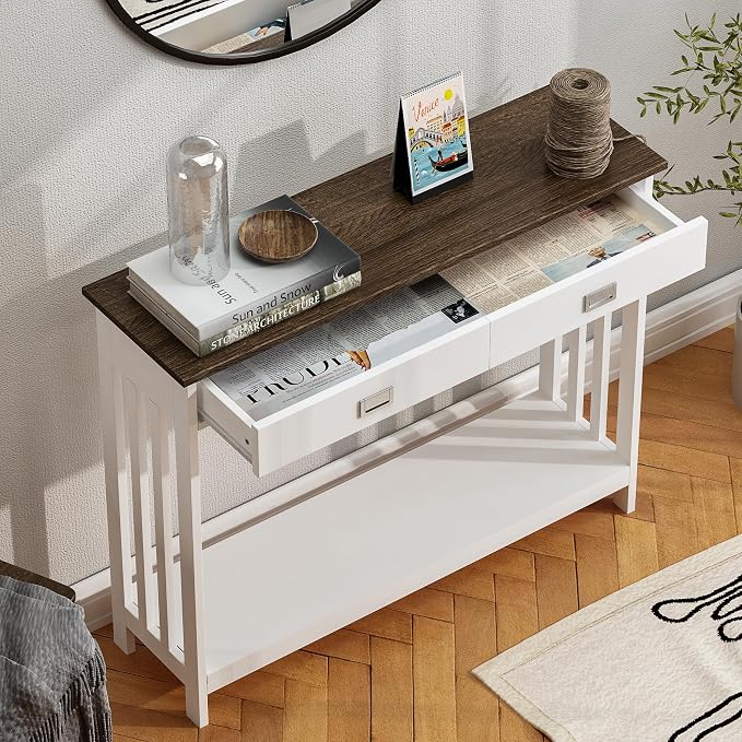 ChooChoo 39" Farmhouse Entryway Table with Drawer, Narrow Console Table with Storage Shelf, Sofa Table for Living Room, Entryway, and Hallway, White and Brown