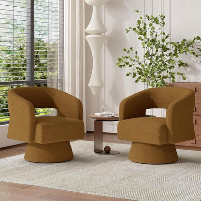 Luxanimarion Swivel Barrel Accent Chair,Oversized Teddy Upholstered Round Swivel Chair,Modern Luxury 360 Degree Living Room Vanity Chair for Bedroom Office,Browm,2PCS