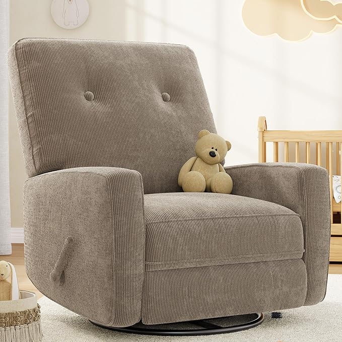 IDEALHOUSE Recliner Chair, 360° Swivel Rocking Glider Chair for Adults with Adjustable Backrest & Footrest, Cozy Corduroy Upholstered Armchair for Living Rooms, Bedrooms, Apartments, Brown