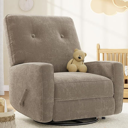 IDEALHOUSE Recliner Chair, 360° Swivel Rocking Glider Chair for Adults with Adjustable Backrest & Footrest, Cozy Corduroy Upholstered Armchair for Living Rooms, Bedrooms, Apartments, Brown