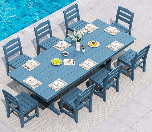 SERWALL 9 Piece 84" HDPE Outdoor Dining Set for 8 with Armless Chairs and Umbrelle Hole, Blue