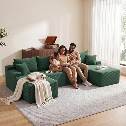 Mangodan 118'' Cloud Sectional Couch, U Shaped Boneless Couches for Living Room, Modular Sectional Sofa with Deep Seat Right Facing Chaise, Comfy Cloud Couch Sofa, Green