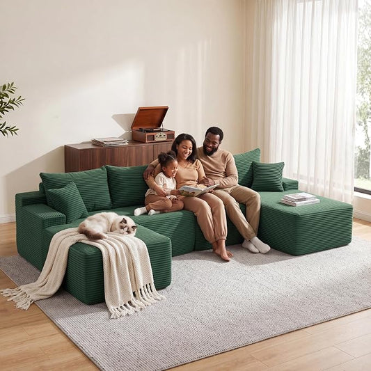 Mangodan 118'' Cloud Sectional Couch, U Shaped Boneless Couches for Living Room, Modular Sectional Sofa with Deep Seat Right Facing Chaise, Comfy Cloud Couch Sofa, Green