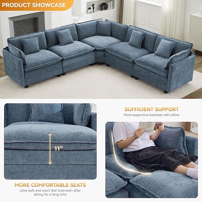 113'' V Shaped Cloud Sectional Sofa, Oversized Deep Seat Couches for Living Room, Chenille Comfy Upholstered Modular Sectional Sofa Couch,Blue