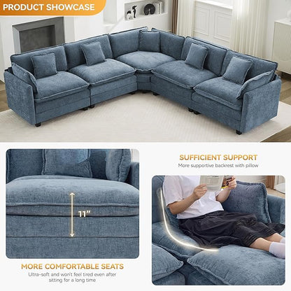 113'' V Shaped Cloud Sectional Sofa, Oversized Deep Seat Couches for Living Room, Chenille Comfy Upholstered Modular Sectional Sofa Couch,Blue