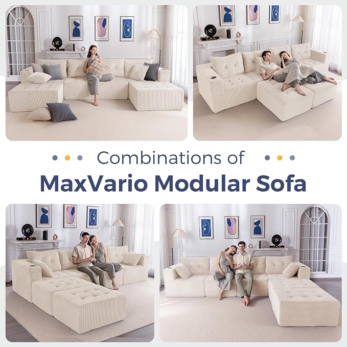 MAXYOYO 129.5" Modular Sectional Sofa Couch, U Shaped Modern Cloud Couch with 2 Ottomans, Sofa in A Box, Tufted 6-Seat Boneless Chair for Living Room, No Assembly Required, Beige