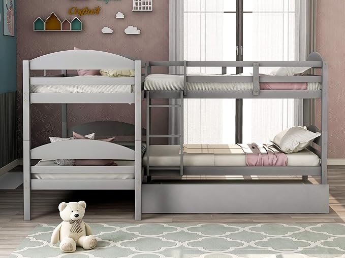 Flieks Four Bunk Bed Twin-Over-Twin-Over-Twin-Over-Twin L Shaped Bunk Bed with Trundle, Bunk Bed Can be Divided into 2 L-Shaped Beds for Accommodating 5, Family, Kids, Teens, No Box Spring Needed