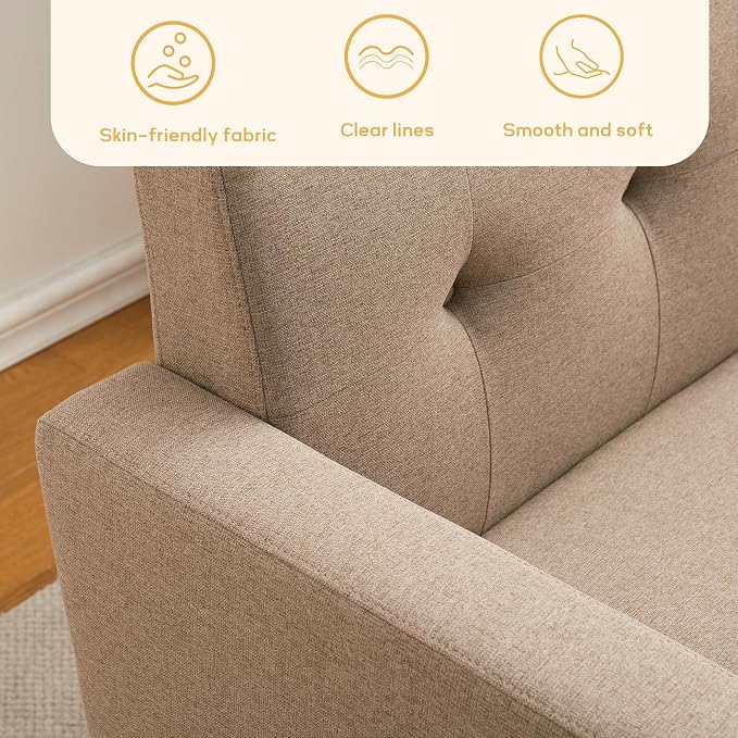 HUIMO Sofa Couch, Mid Century Modern Sofa with Solid Wood Frame, Button Tufted Couch for Bedroom, Living Room, Office, Apartment (Brown, 60 inch)