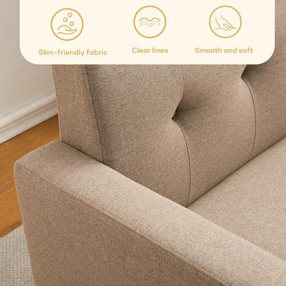 HUIMO Sofa Couch, Mid Century Modern Sofa with Solid Wood Frame, Button Tufted Couch for Bedroom, Living Room, Office, Apartment (Brown, 60 inch)