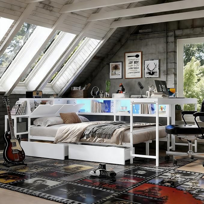 Bellemave Twin Size Corner Bed Frame with Storage Drawers, Bookcase and Side Desk, Twin Corner Bed with Light and Charging Station, Daybed for Bedroom, Living Room, Guest Room White