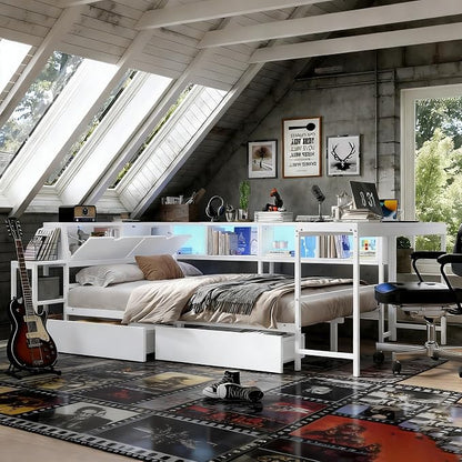 Bellemave Twin Size Corner Bed Frame with Storage Drawers, Bookcase and Side Desk, Twin Corner Bed with Light and Charging Station, Daybed for Bedroom, Living Room, Guest Room White