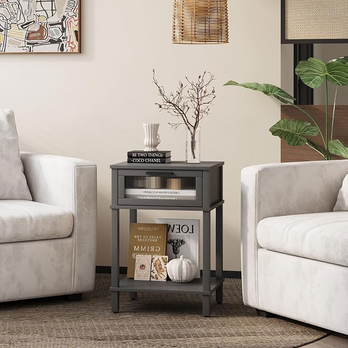 Nightstand Wooden Bedside Table with Drawer Grey Night Stands Modern Style Small End Table Side Table with Storage Shelf for Bedroom Living Room MLBZ10G