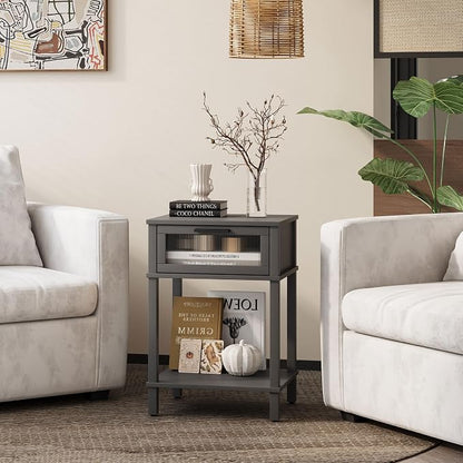 Nightstand Wooden Bedside Table with Drawer Grey Night Stands Modern Style Small End Table Side Table with Storage Shelf for Bedroom Living Room MLBZ10G