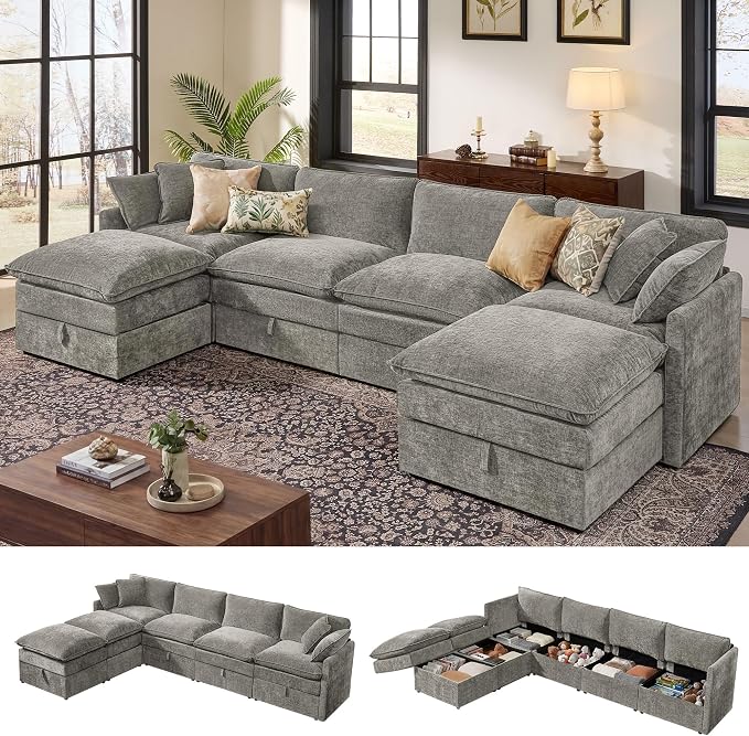 Ihanherry 135” Modular Sectional Sofa with Storage, U Shaped Cloud Couch with Movable Ottomans & 4 Pillows, Chenille Deep Seat Sectional Couches for Living Room, Apartment (Grey)