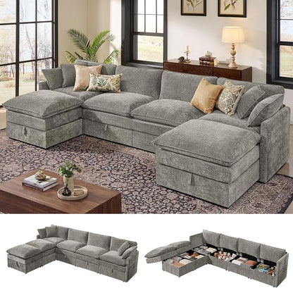 Ihanherry 135” Modular Sectional Sofa with Storage, U Shaped Cloud Couch with Movable Ottomans & 4 Pillows, Chenille Deep Seat Sectional Couches for Living Room, Apartment (Grey)