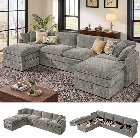 Ihanherry 135” Modular Sectional Sofa with Storage, U Shaped Cloud Couch with Movable Ottomans & 4 Pillows, Chenille Deep Seat Sectional Couches for Living Room, Apartment (Grey)