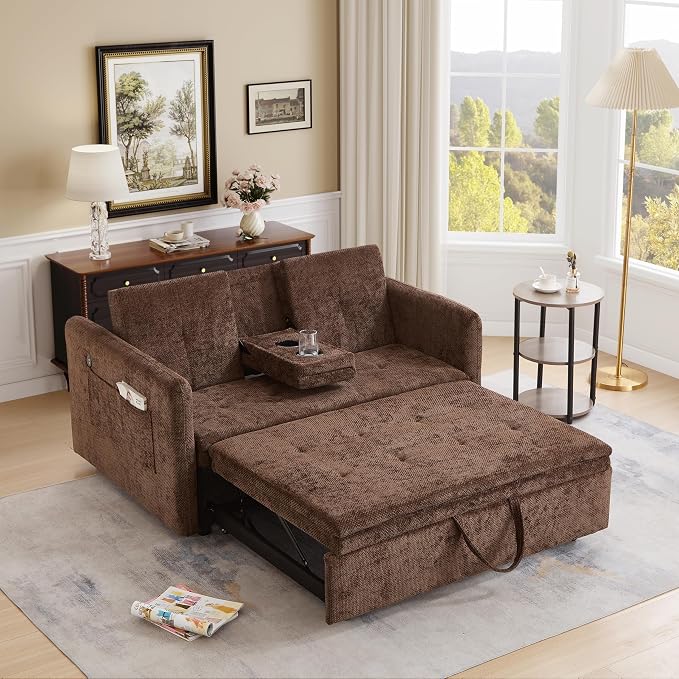 57.48" Convertible Sofa Bed with Cup Holder, Pull Out Sleeper Sofa Bed with USB Charging Ports, 3 in 1 Convertible Sleeper Sofa Bed for Living Room, Apartment, Bedroom, RV, Brown