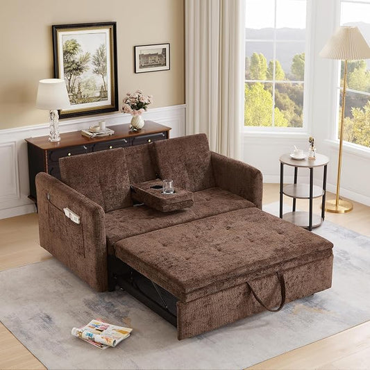 57.48" Convertible Sofa Bed with Cup Holder, Pull Out Sleeper Sofa Bed with USB Charging Ports, 3 in 1 Convertible Sleeper Sofa Bed for Living Room, Apartment, Bedroom, RV, Brown