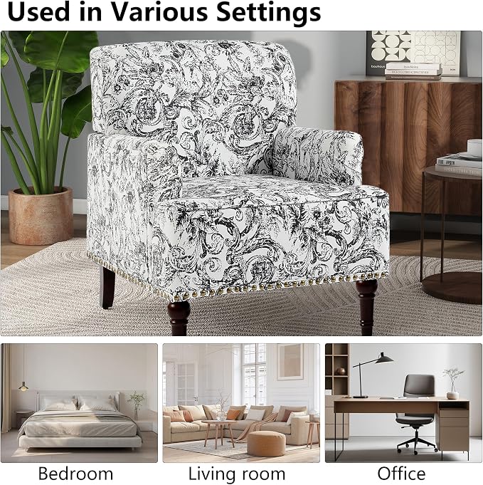 Accent Chair, Mid Century Modern Comfy Armchair for Living Room, Linen Fabric Single Sofa Lounge for Reading Bedroom Apartment Waiting Room with Wood Legs (Rococo Black, Set of 1)