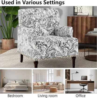 Accent Chair, Mid Century Modern Comfy Armchair for Living Room, Linen Fabric Single Sofa Lounge for Reading Bedroom Apartment Waiting Room with Wood Legs (Rococo Black, Set of 1)