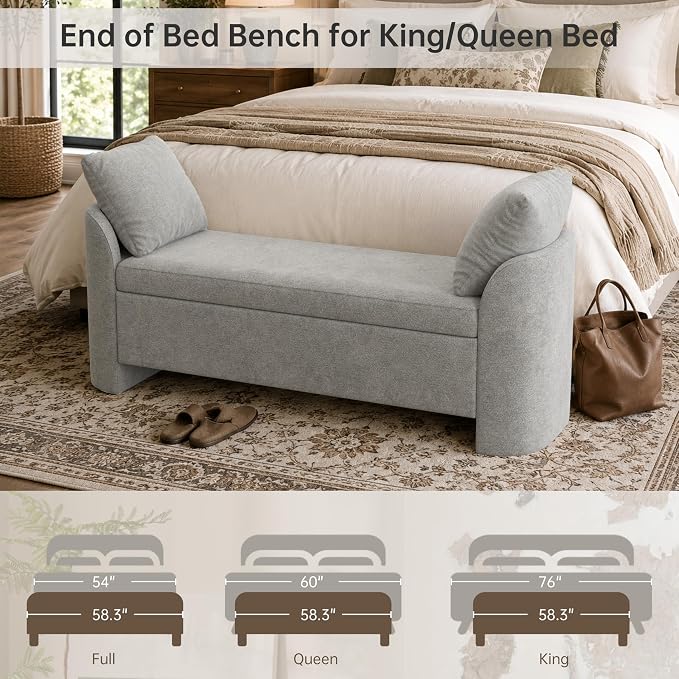 Usaint 58.3" Storage Ottoman Bench with Pillows, Upholstered End of Bed Bench with Arms, Footrest Stool Bench for Bedroom, Living, Window, Entryway and Hallway, Grey